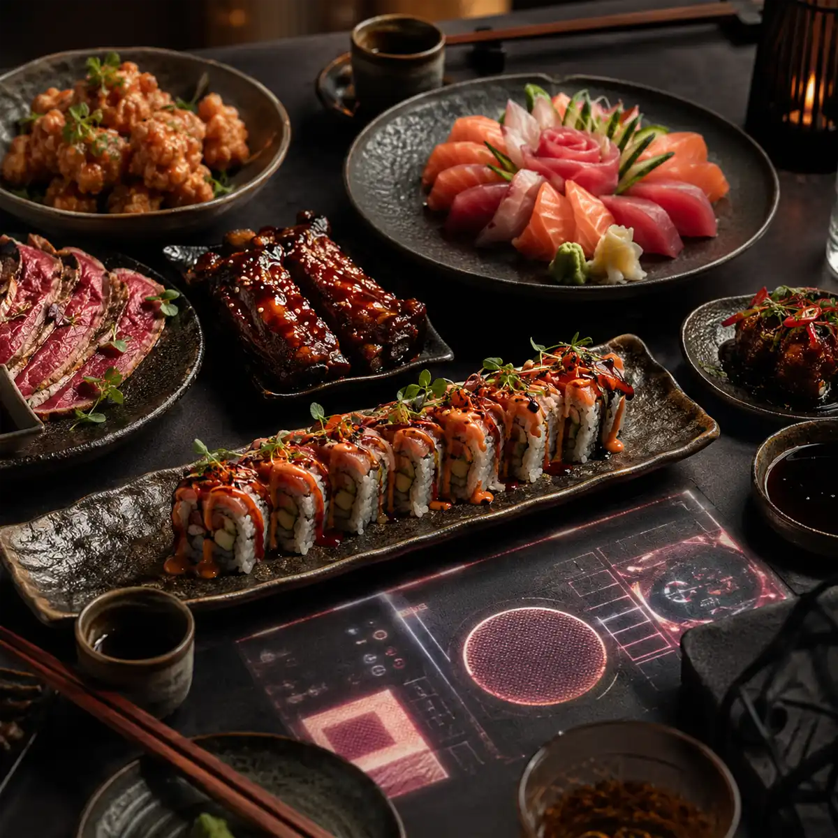 Inamo Soho interactive table dining Inamo Soho dining room with illuminated E Table interface showing sushi and tapas options for interactive dining in Soho