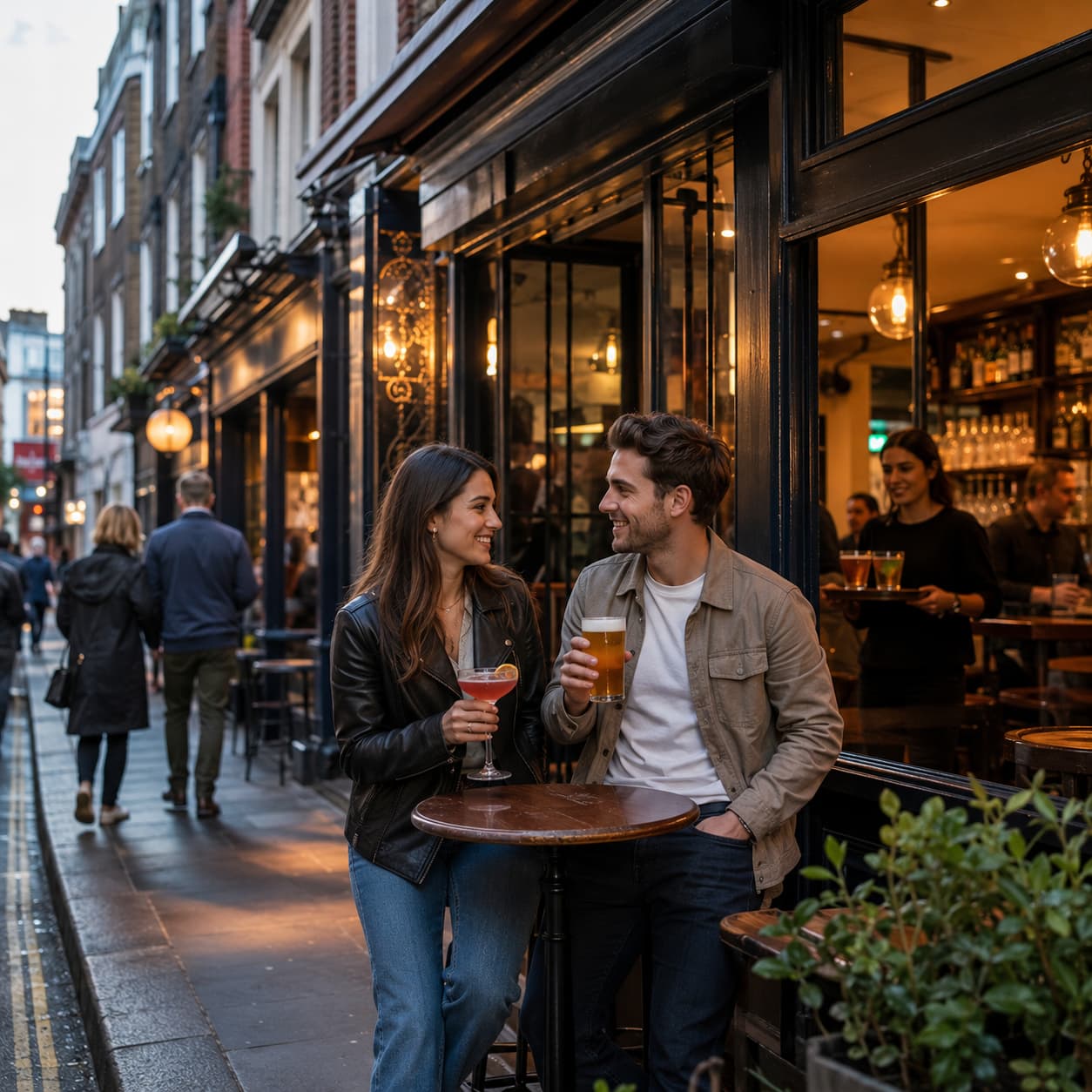 Couple with a cocktail and a pint at a pavement table outside a Soho bar during early evening happy hour