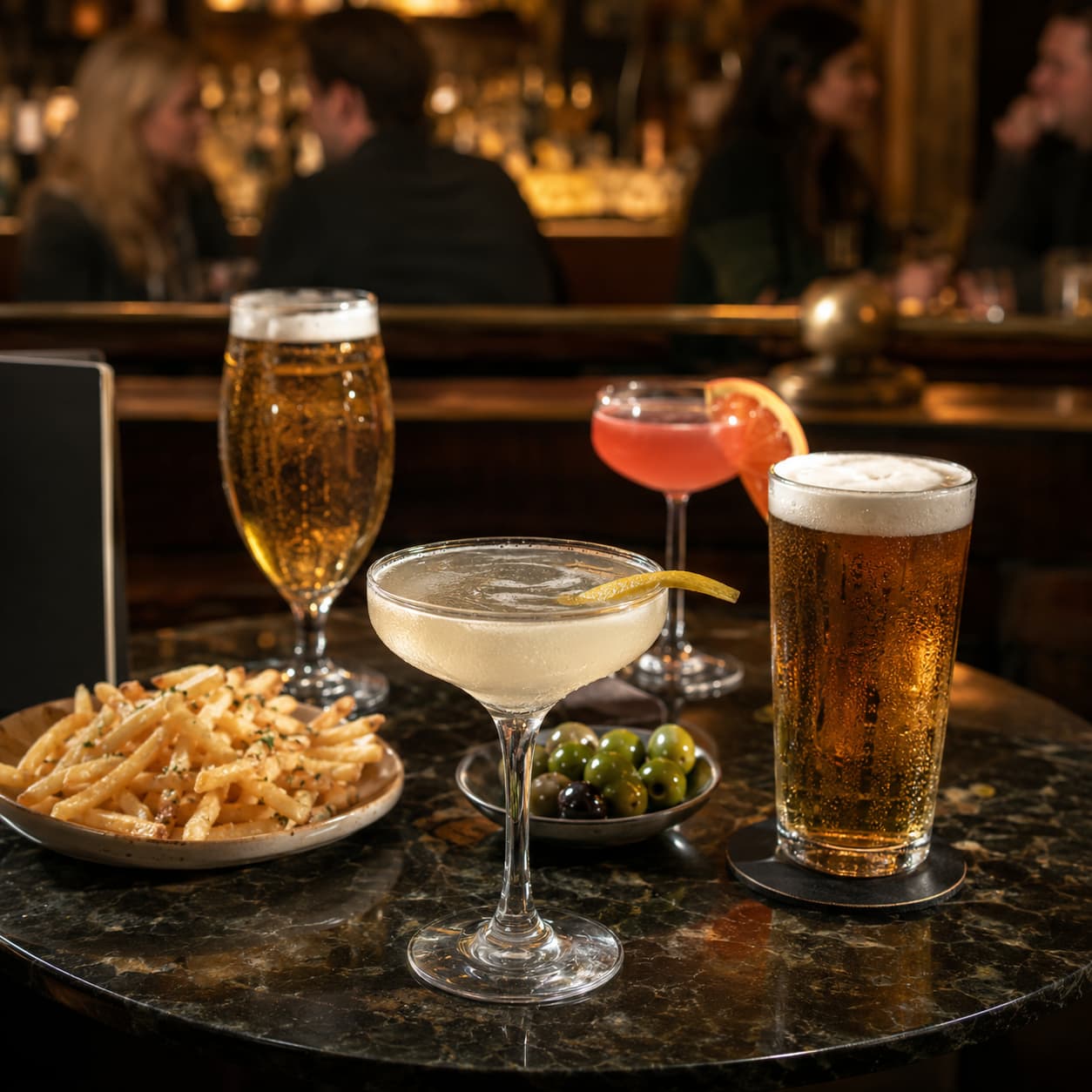 Cocktails, pints, olives and fries on a marble table at a Soho bar, showing a typical happy hour round