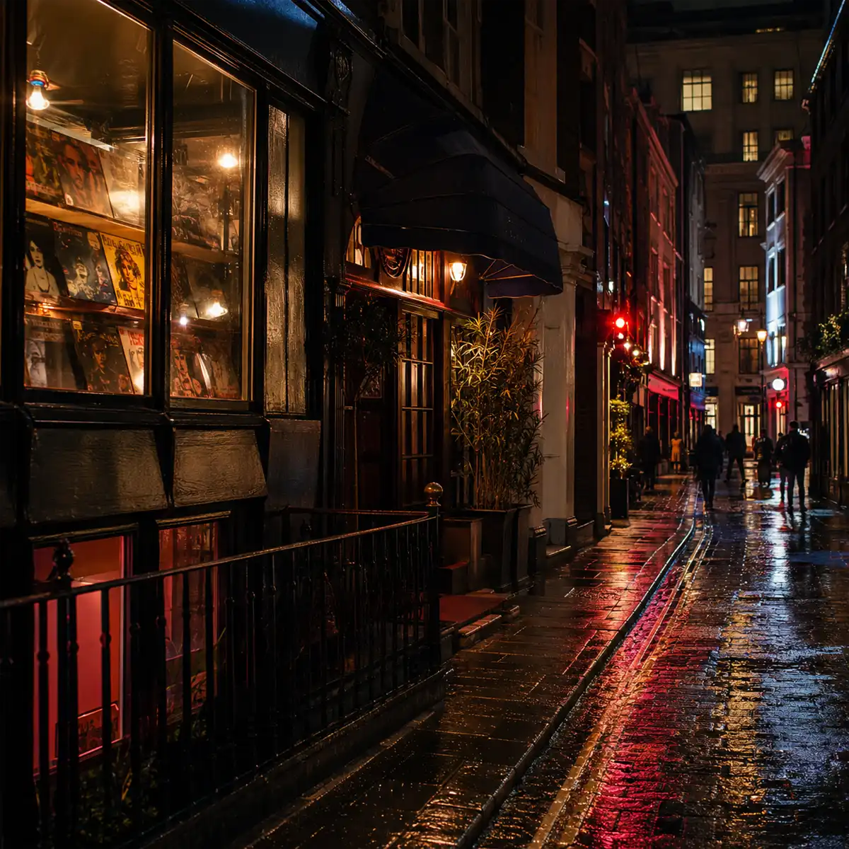 A jazz or blues band performing on stage at a Soho club, illustrating the vibrant live music in Soho scene at the 100 Club or similar venue