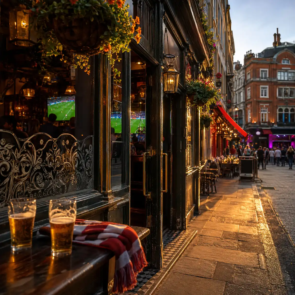 Busy West End bar near Soho with World Cup screens and crowds, close to fan zones like BOX Piccadilly on Shaftesbury Avenue