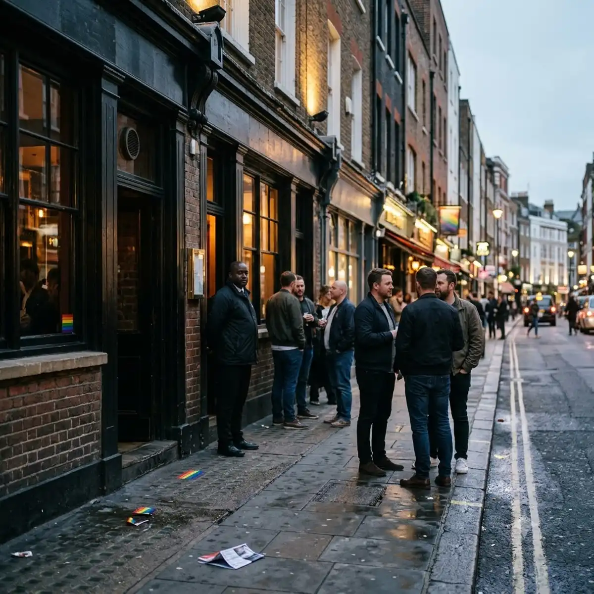 Ku Bar Soho exterior and late-night crowd near Old Compton Street, one of the largest LGBTQ+-specific venues in the Soho cluster