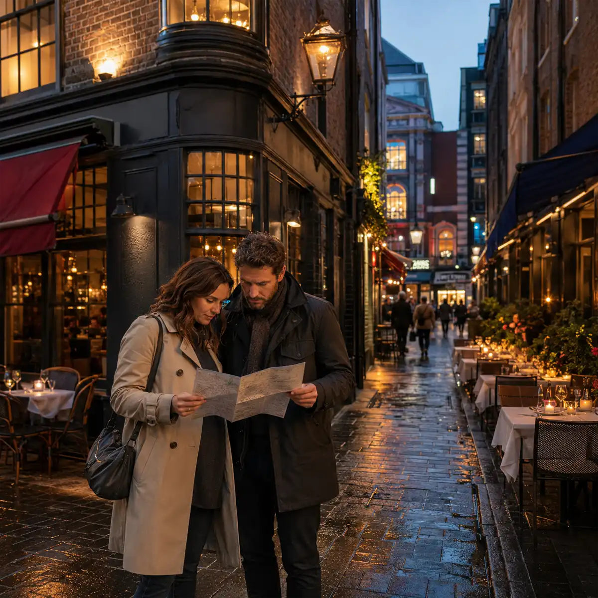 Soho restaurant street scene showing diners at outdoor tables along one of London's main where-to-eat-in-Soho dining streets