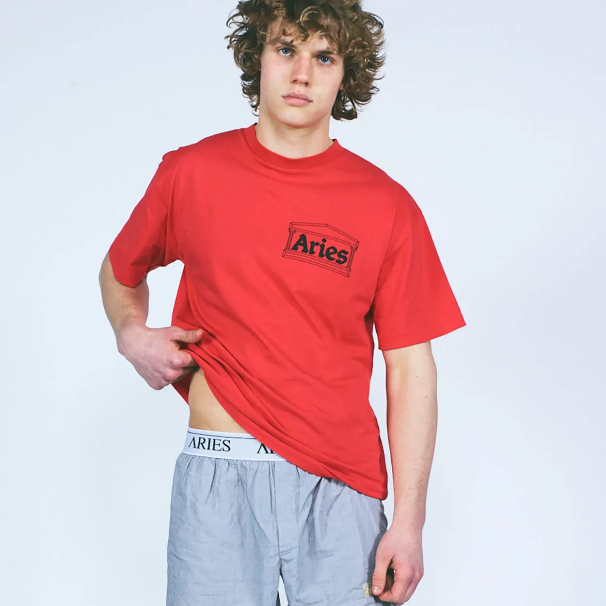 Red Aries logo tee and branded boxers from the Soho streetwear label's lookbook