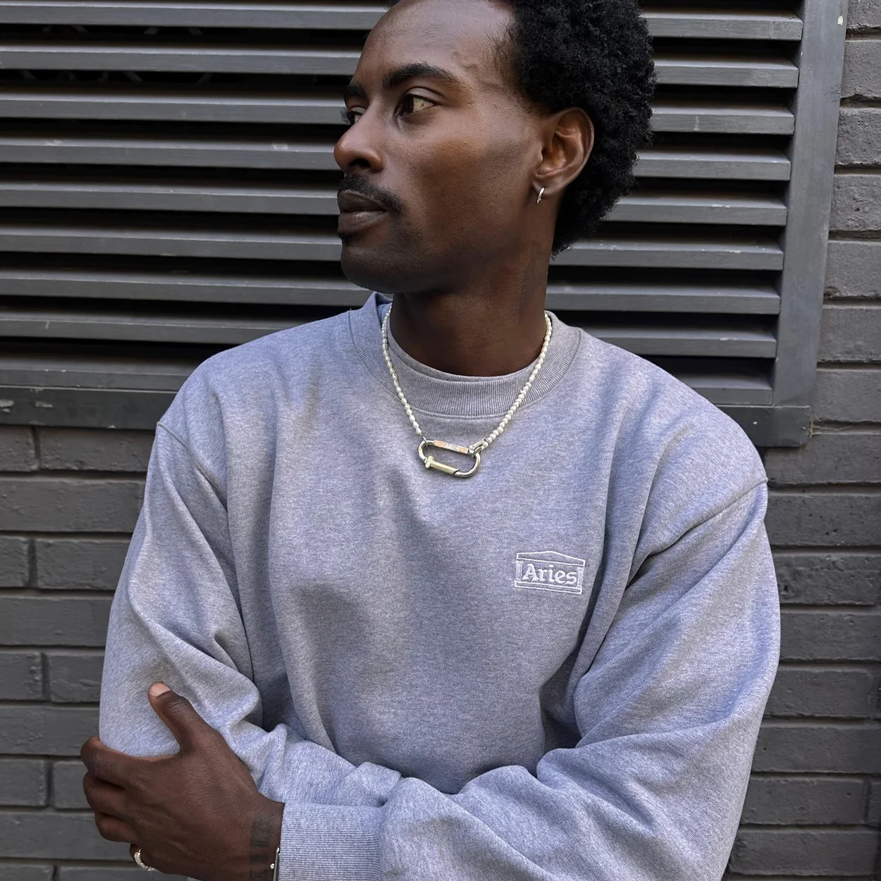 Grey Aries sweatshirt worn against a dark brick wall from the Soho label's range