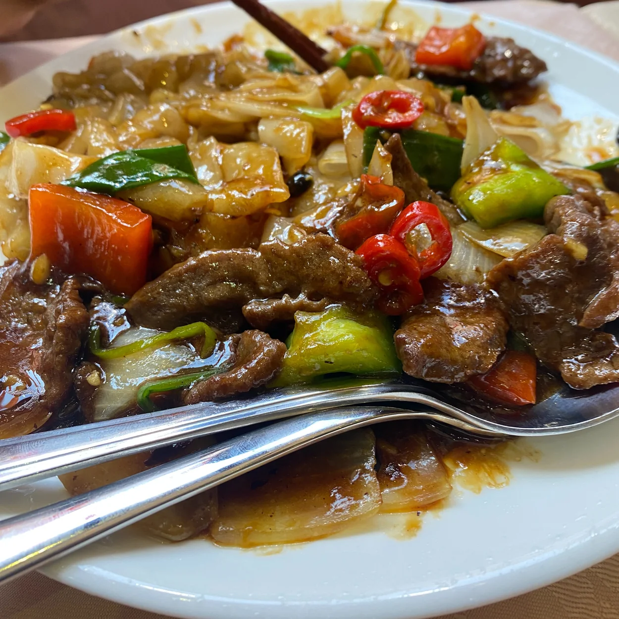 Wok-fried beef with peppers and onions served at Golden Phoenix restaurant