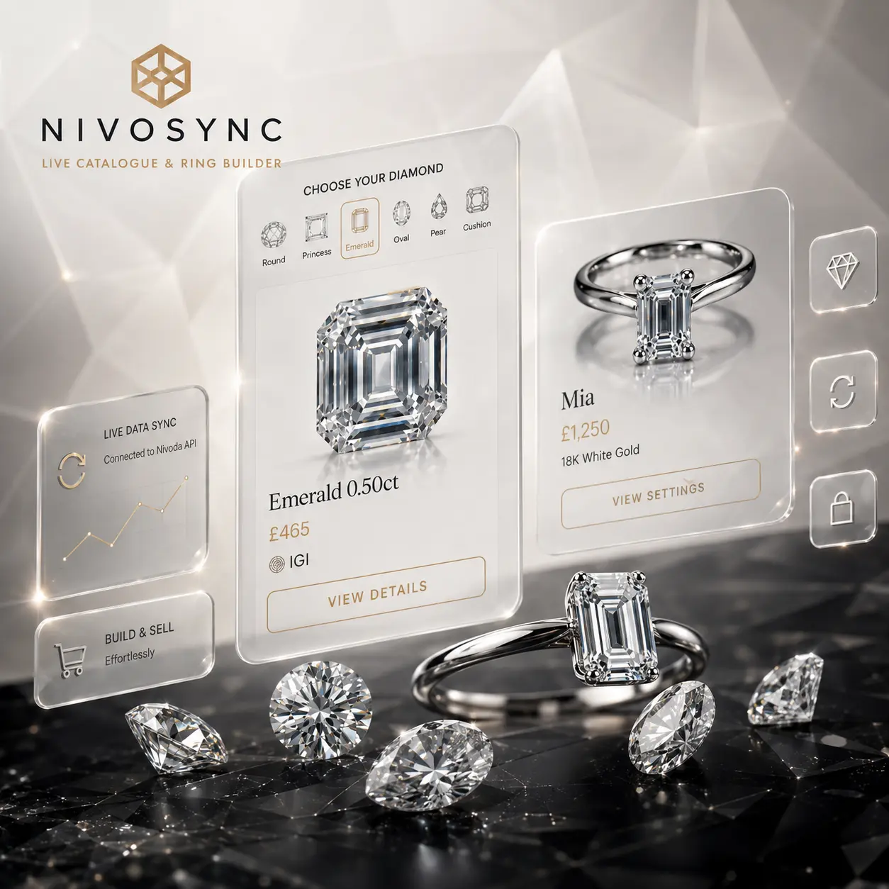 Live diamond catalogue and ring builder shown on an independent jeweller's website