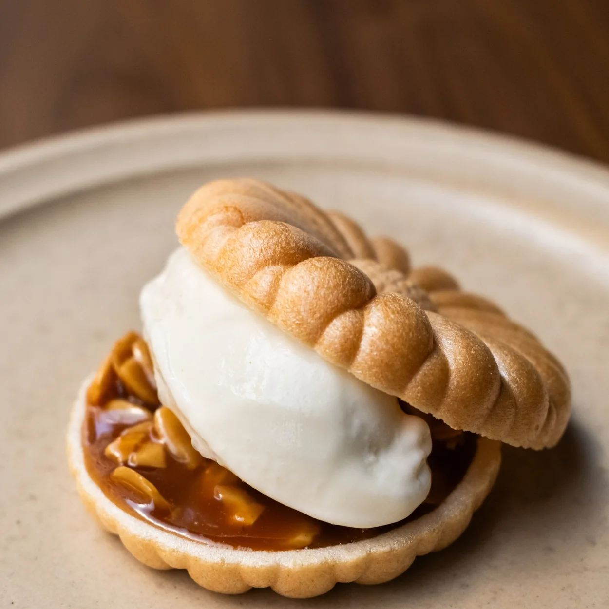 Ice cream sandwich dessert in a scalloped pastry shell at MOI Soho
