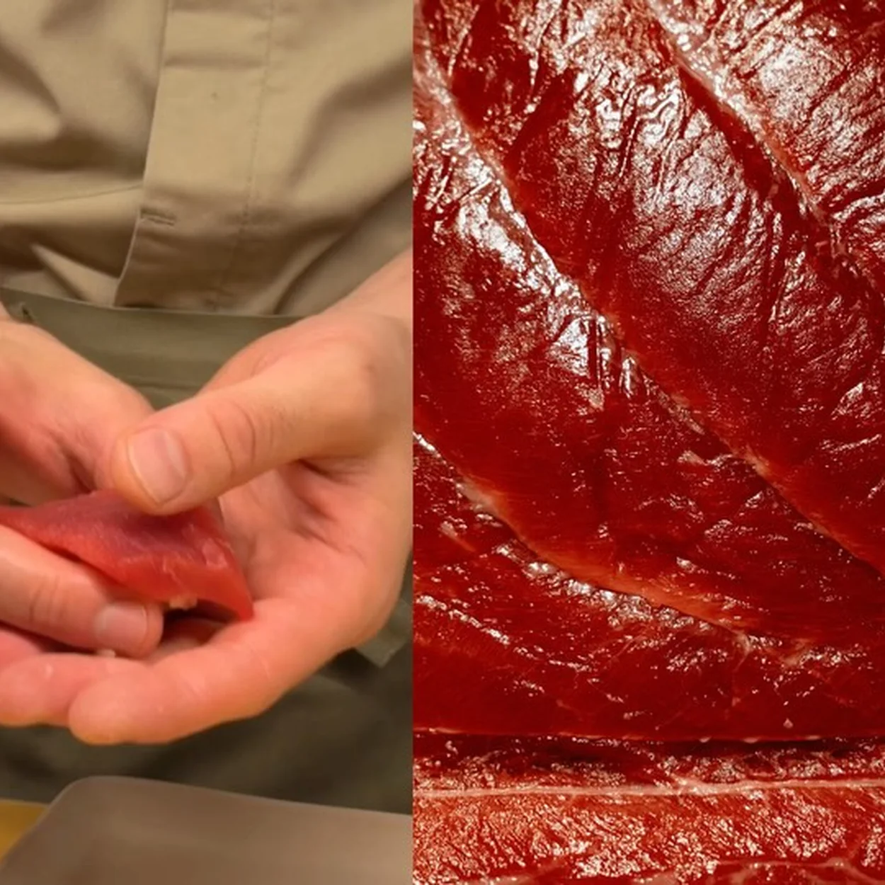 Chef's hands shaping wagyu beside the marbled cut at MOI in Soho