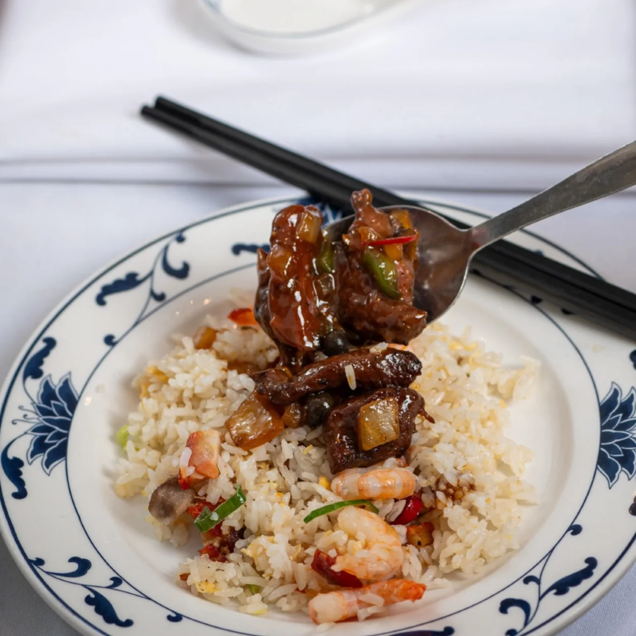 Braised beef with prawn fried rice on a patterned plate at New Young Cheng