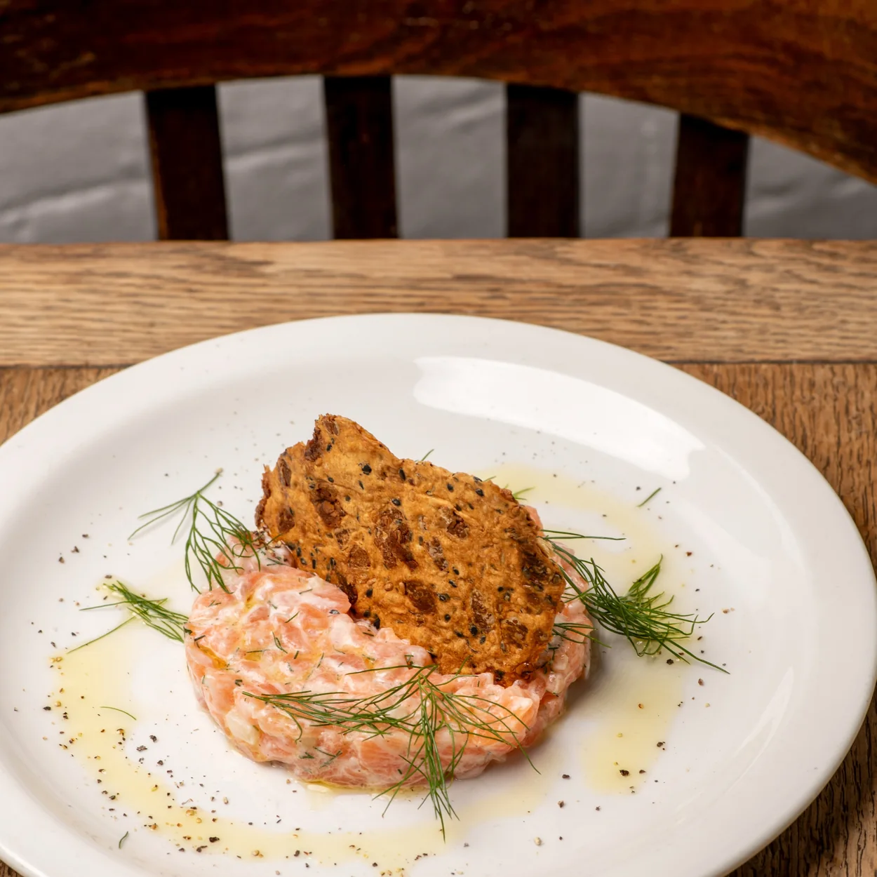 Salmon tartare with dill and toasted bread at Pierre Victoire in Soho