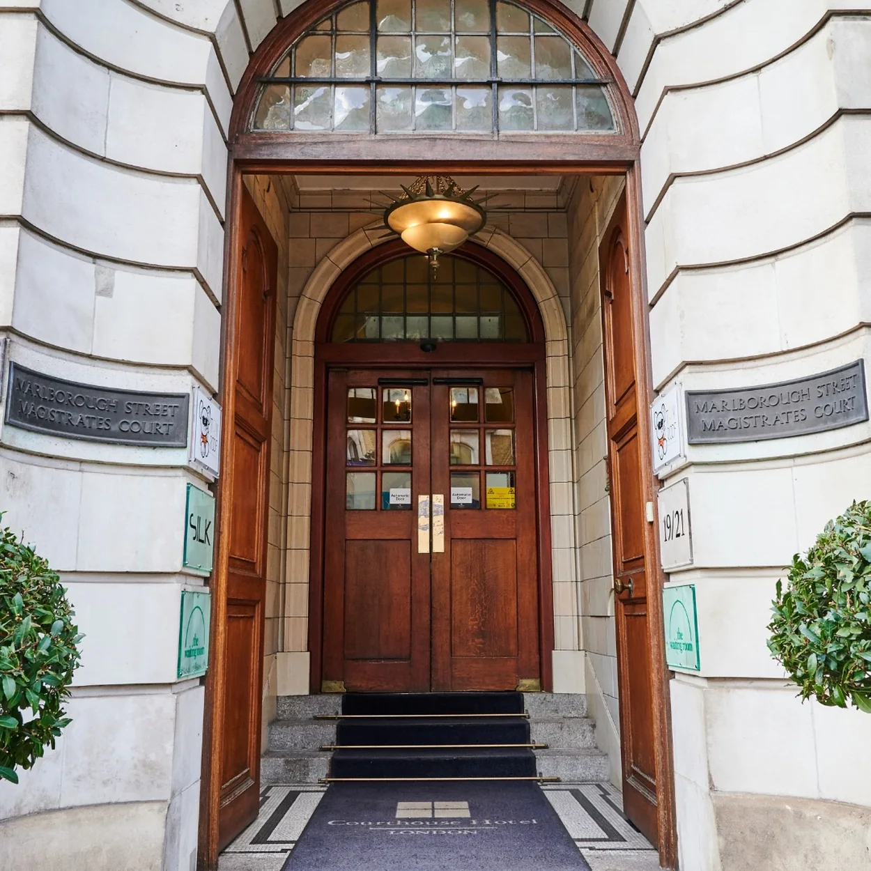 Grand arched entrance of the Courthouse Hotel on Great Marlborough Street, home of Soho Wala