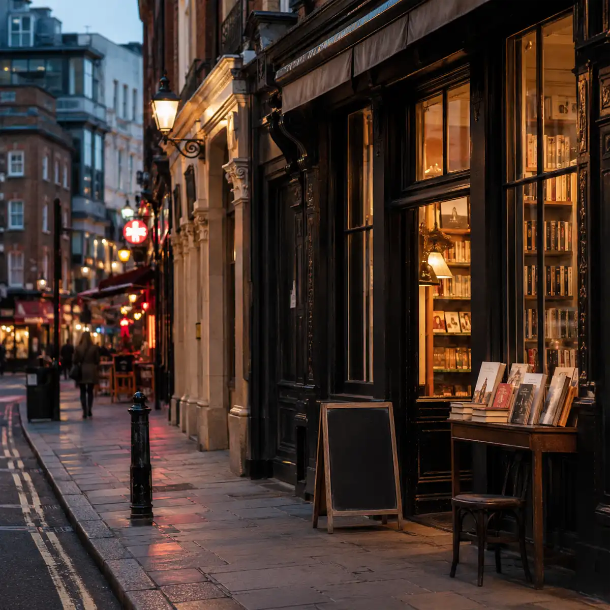 Soho London Street at Dusk Bustling Soho London street at dusk with neon lights and pedestrians, capturing the atmosphere of Soho books London