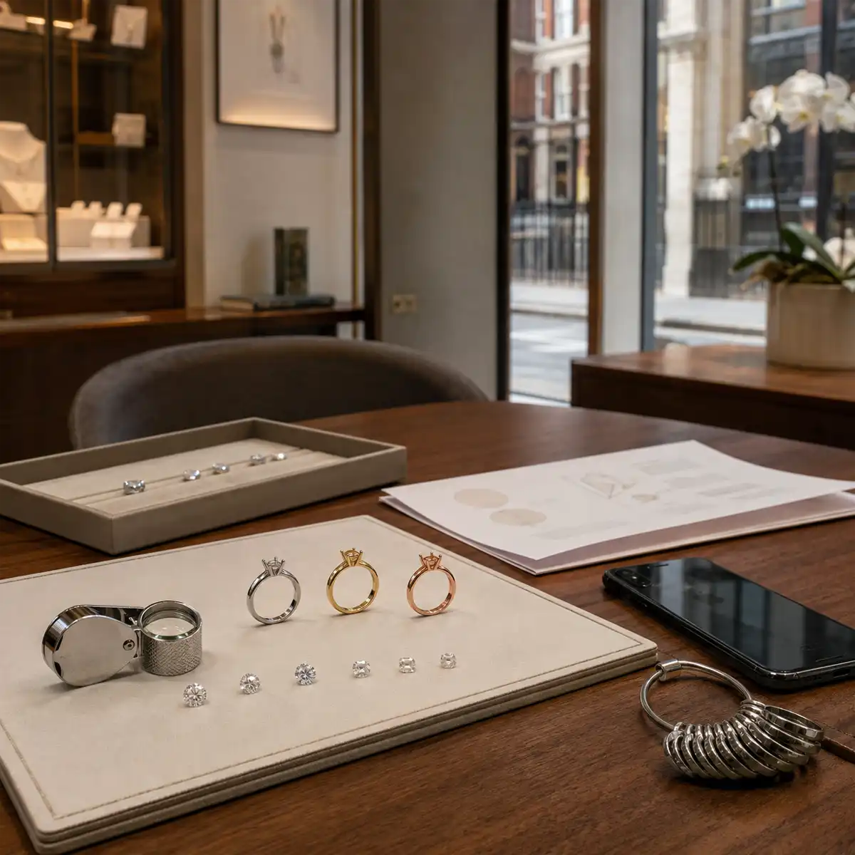 Bespoke Ring Commission Timeline Discussion Bespoke engagement ring commission timeline discussed at a Smith and Green first engagement ring consultation in Hatton Garden London