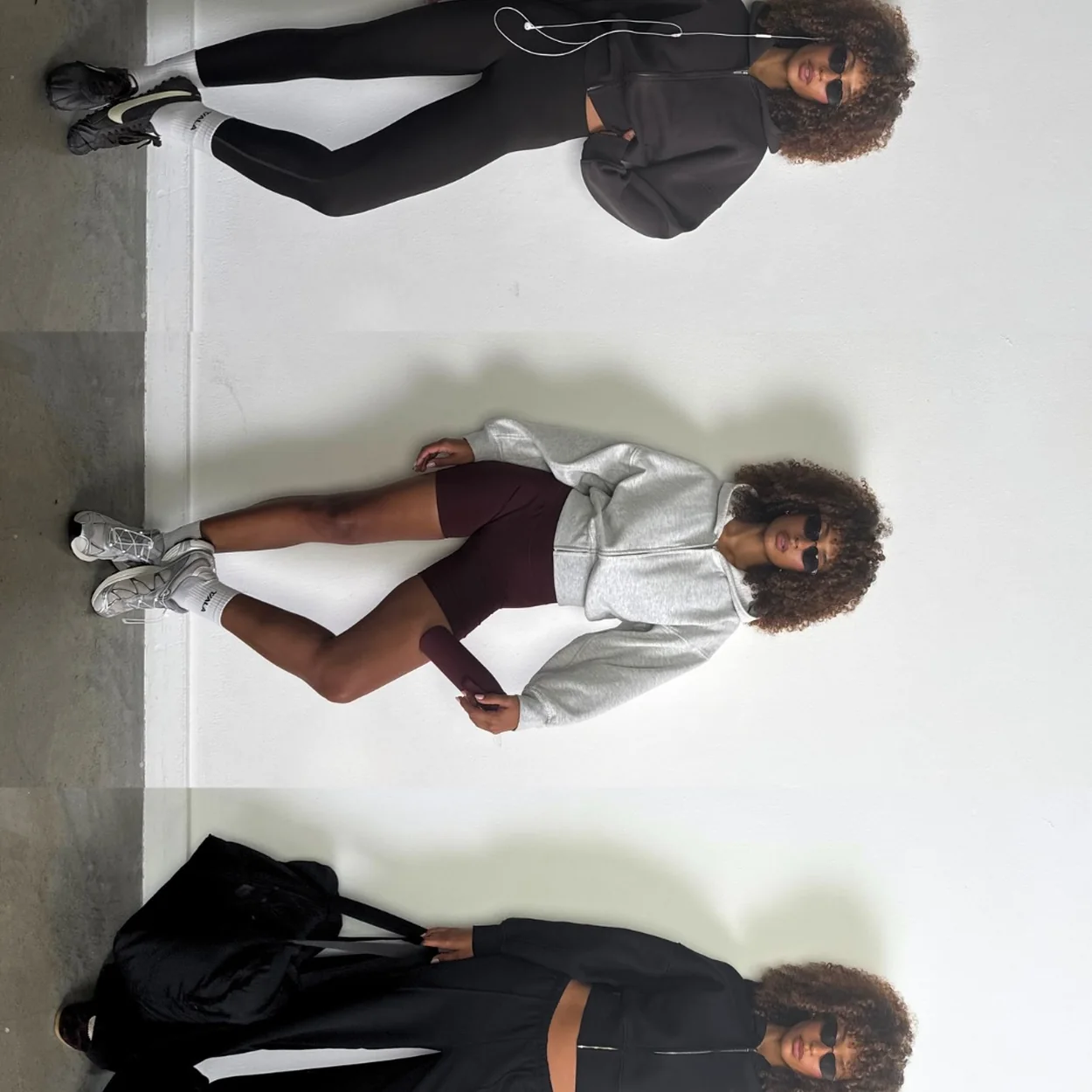 TALA lookbook triptych of models in black and grey activewear sets from the Carnaby Street store