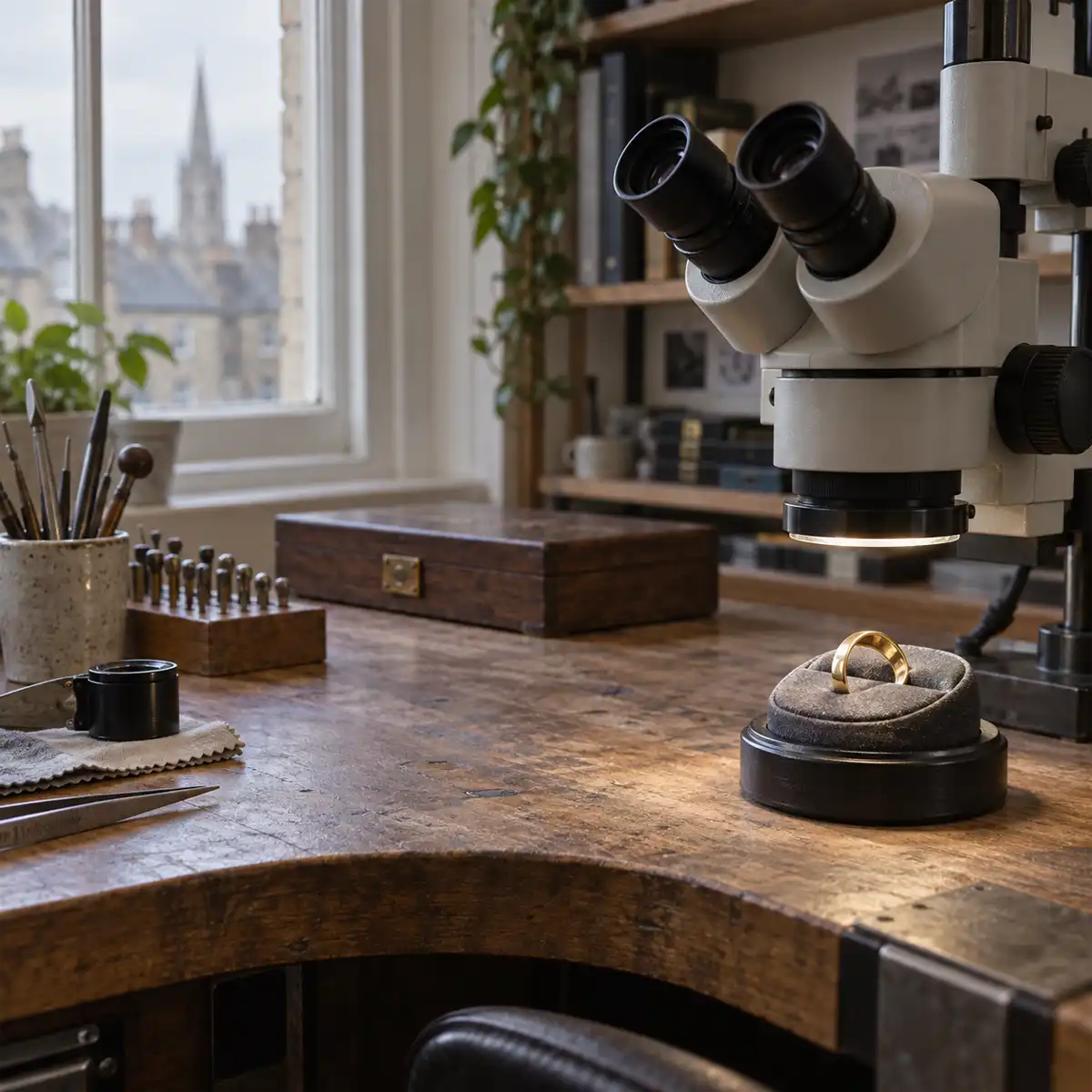 Close view of hallmarked gold jewellery in Hatton Garden showing UK gold hallmarks including sponsor mark and town mark on a finished ring