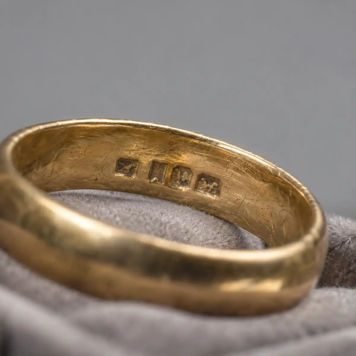 Gold hallmarks on a fine jewellery piece at a Hatton Garden counter, illustrating the fineness number and assay office mark that UK gold hallmarks certify