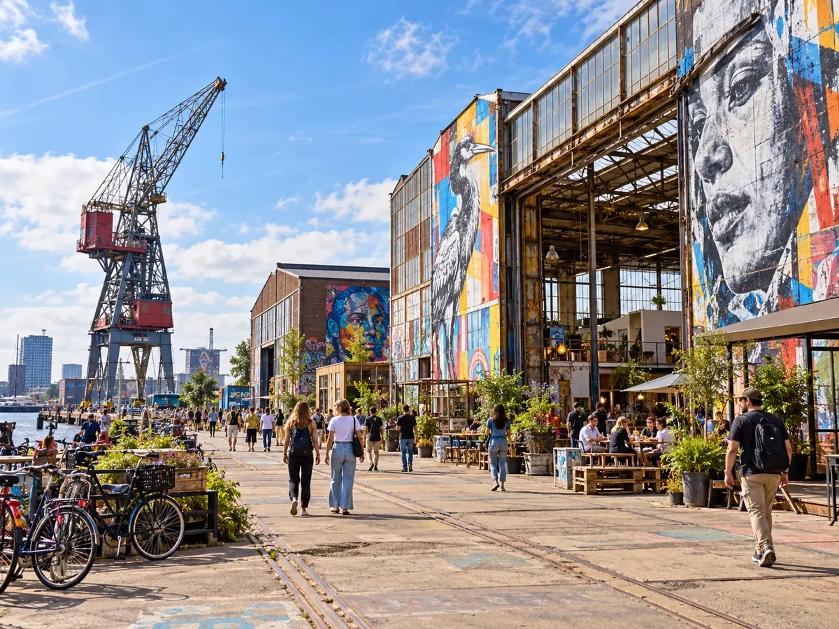 Visitors walking along the NDSM wharf in Amsterdam Noord past industrial sheds covered in large murals, with a red dockside crane standing behind them