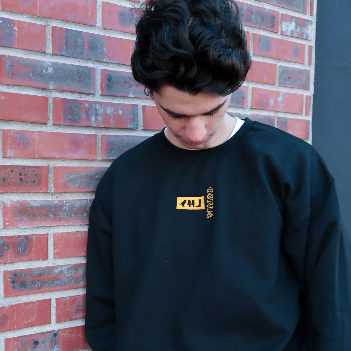A man in a casual black crewneck sweatshirt standing against a red brick wall