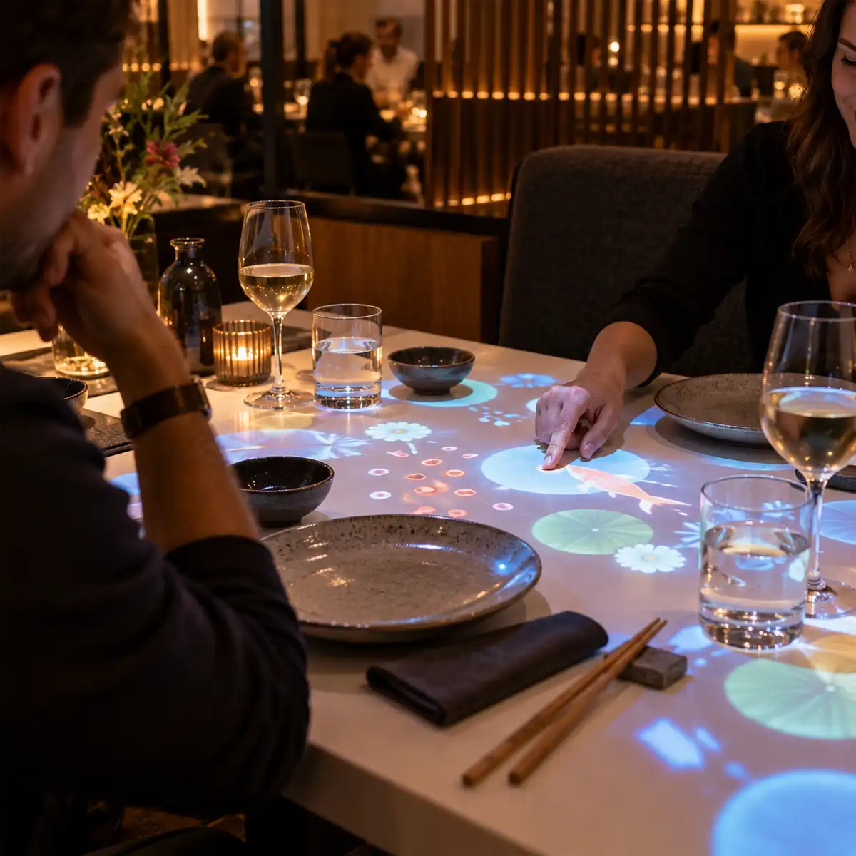Pan Asian sharing plates served at Inamo Soho including sushi rolls and small plates on an interactive dining table on Wardour Street