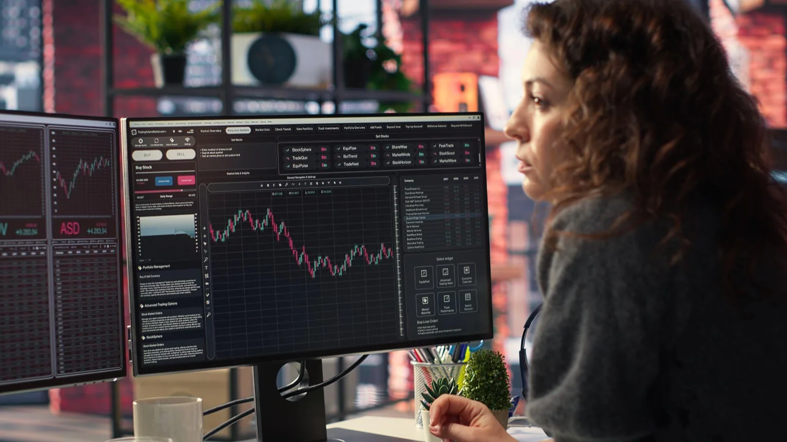 A trader at a desk watching two monitors showing currency charts and an order entry panel